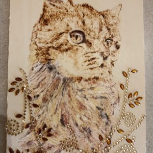 QUADRETTO CON GATTINO PIROGRAFATO E DECORAZIONI INCOLLATE CM 14 X CM 21